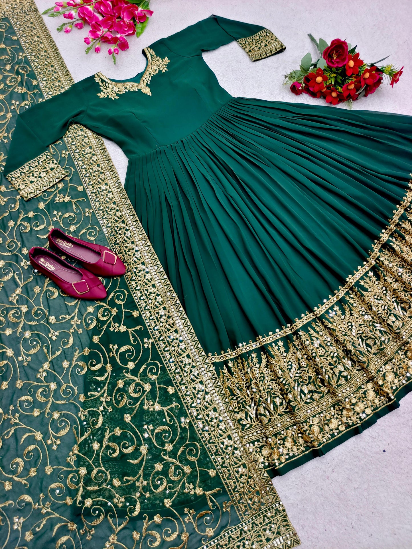 Innovative Green Color Sequence Embroidery Work Gown