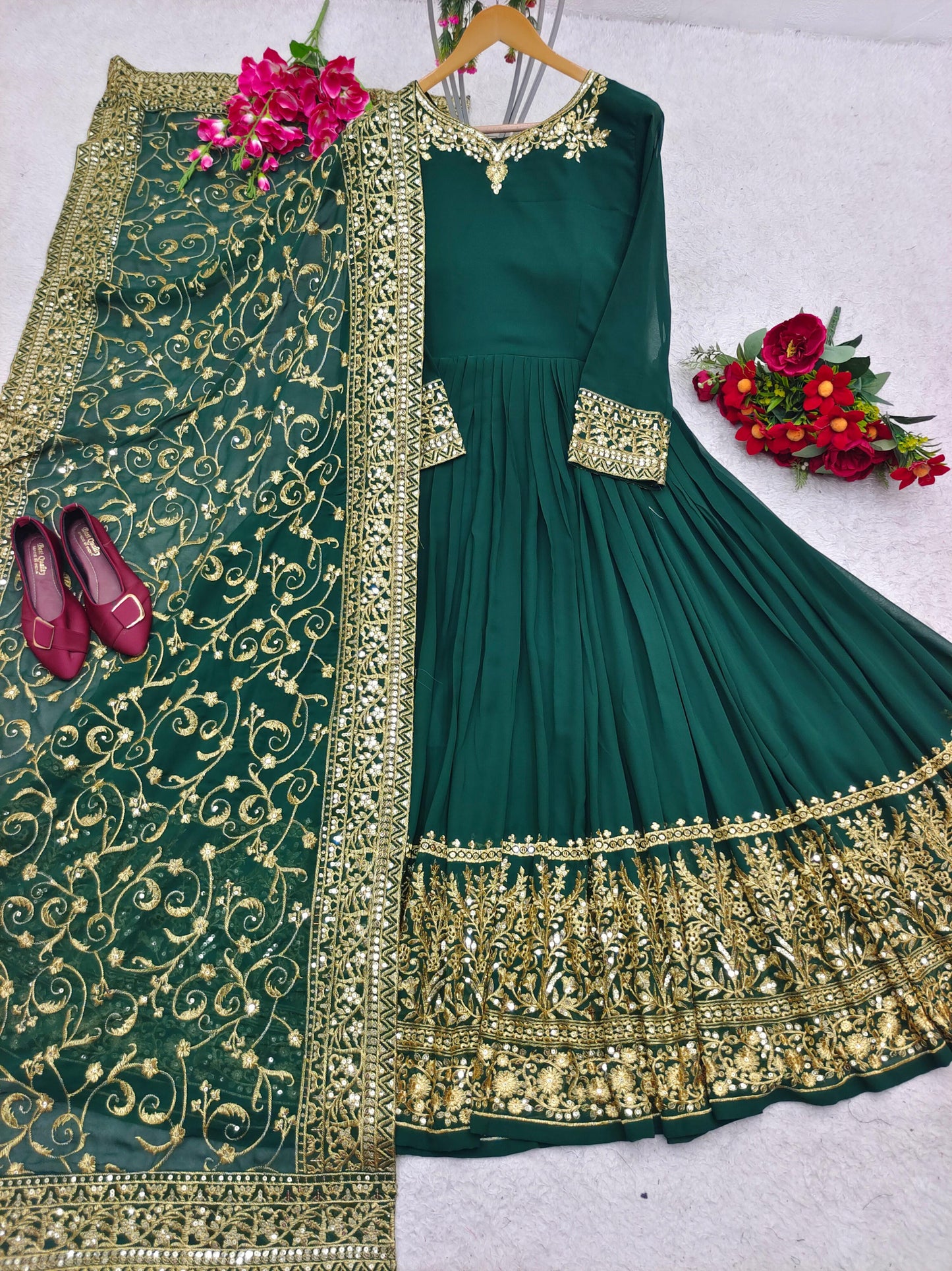 Innovative Green Color Sequence Embroidery Work Gown