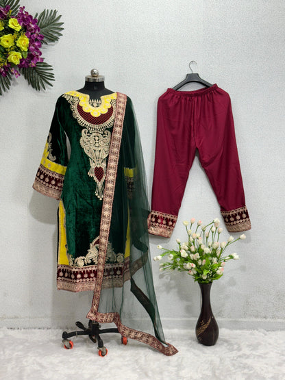 Viscose Velvet Green Color Pakistani Kurti Pant With Dupatta