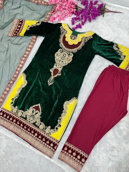 Viscose Velvet Green Color Pakistani Kurti Pant With Dupatta