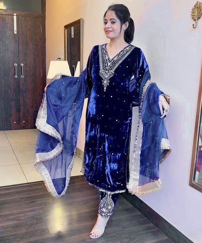 Moti and Lace border Velvet Blue Color Palazzo Suit