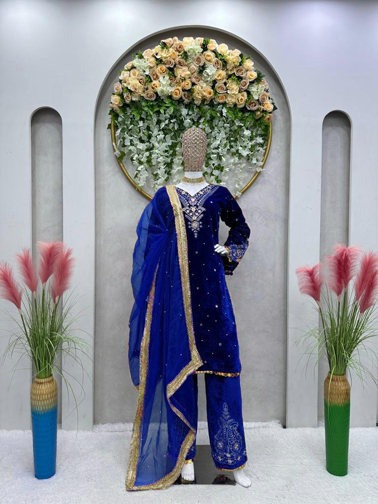 Moti and Lace border Velvet Blue Color Palazzo Suit