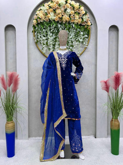 Moti and Lace border Velvet Blue Color Palazzo Suit