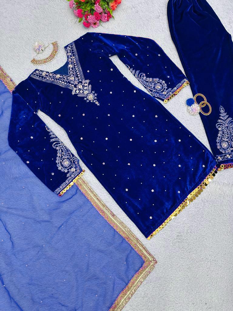 Moti and Lace border Velvet Blue Color Palazzo Suit