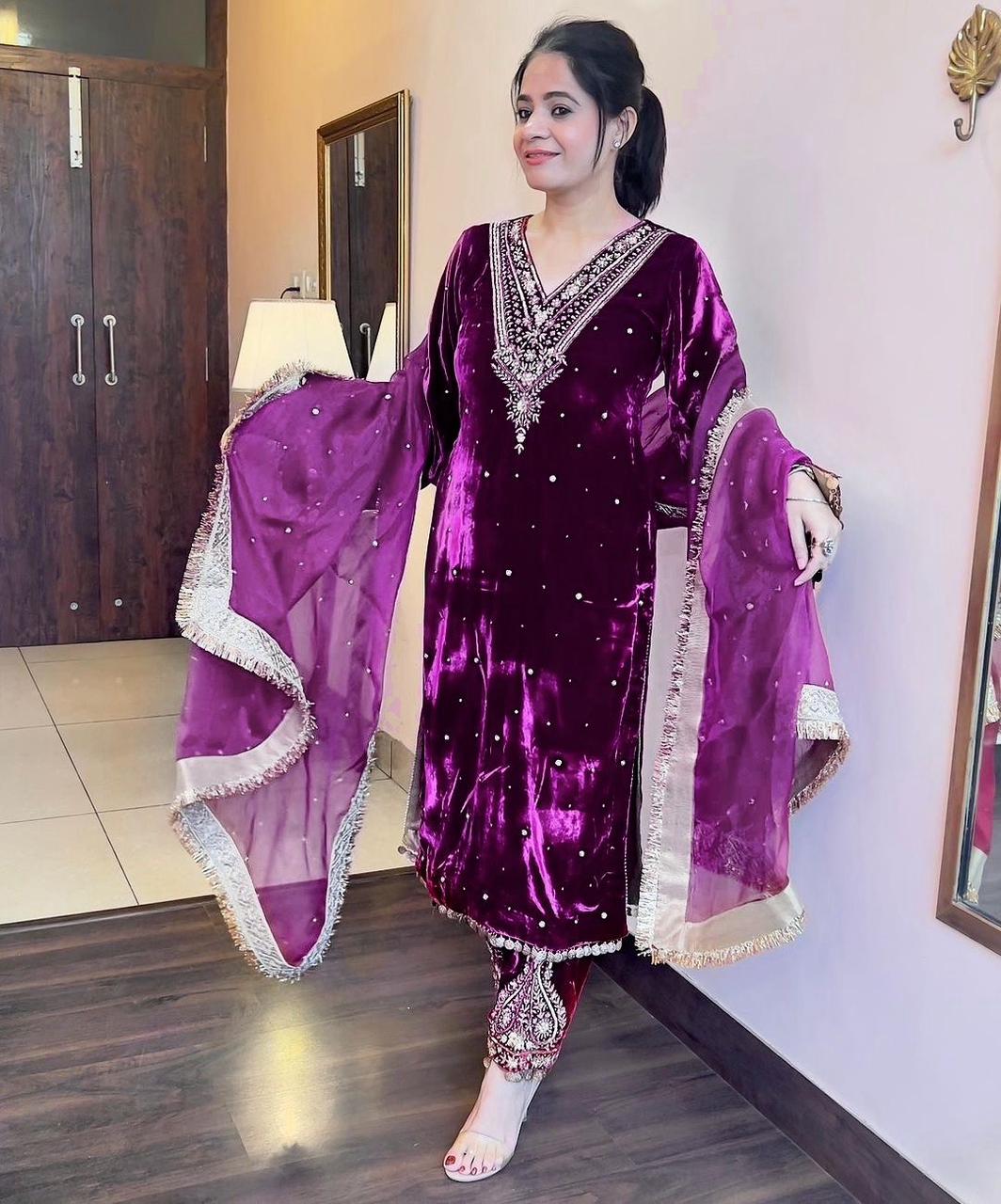 Moti and Lace border Velvet Purple Color Palazzo Suit