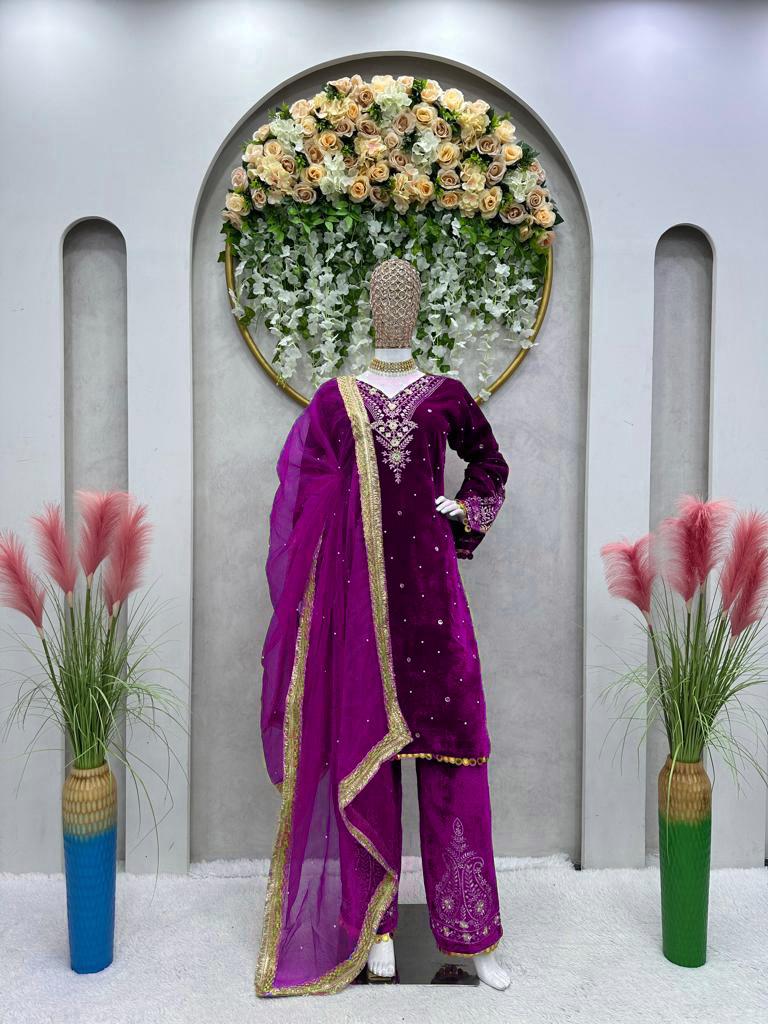 Moti and Lace border Velvet Purple Color Palazzo Suit