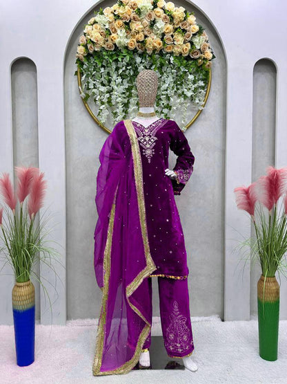 Moti and Lace border Velvet Purple Color Palazzo Suit