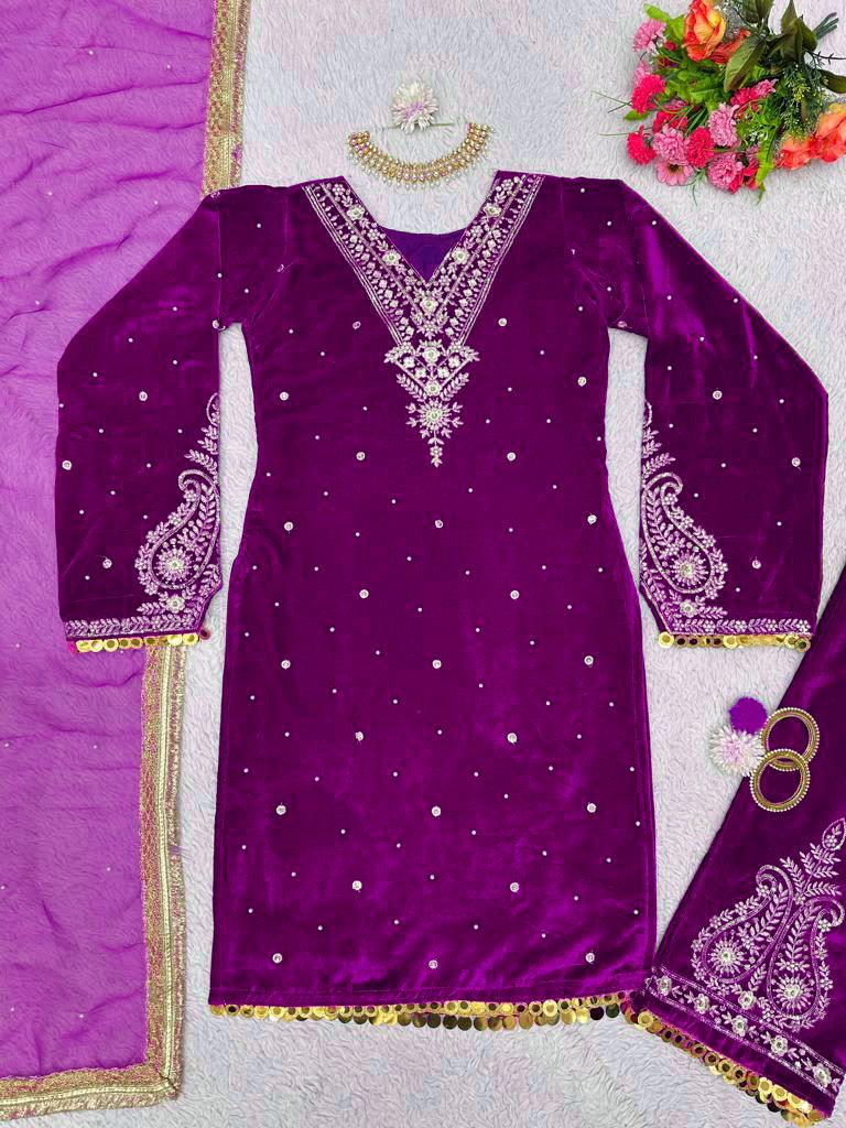 Moti and Lace border Velvet Purple Color Palazzo Suit