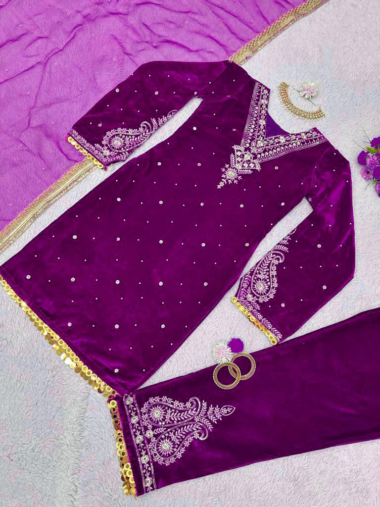 Moti and Lace border Velvet Purple Color Palazzo Suit