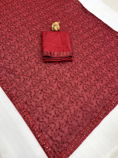 Party Wear Maroon Color Georgette Sequence Work Saree