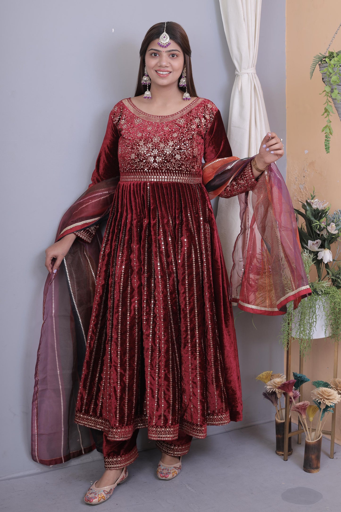 Maroon Color Heavy Work Kurti Pant With Multi Color Organza Dupatta