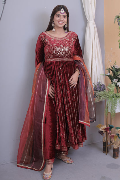 Maroon Color Heavy Work Kurti Pant With Multi Color Organza Dupatta