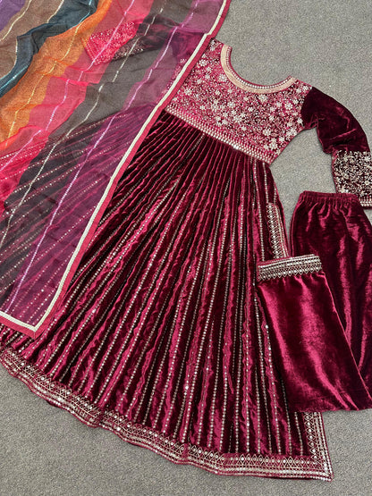 Maroon Color Heavy Work Kurti Pant With Multi Color Organza Dupatta