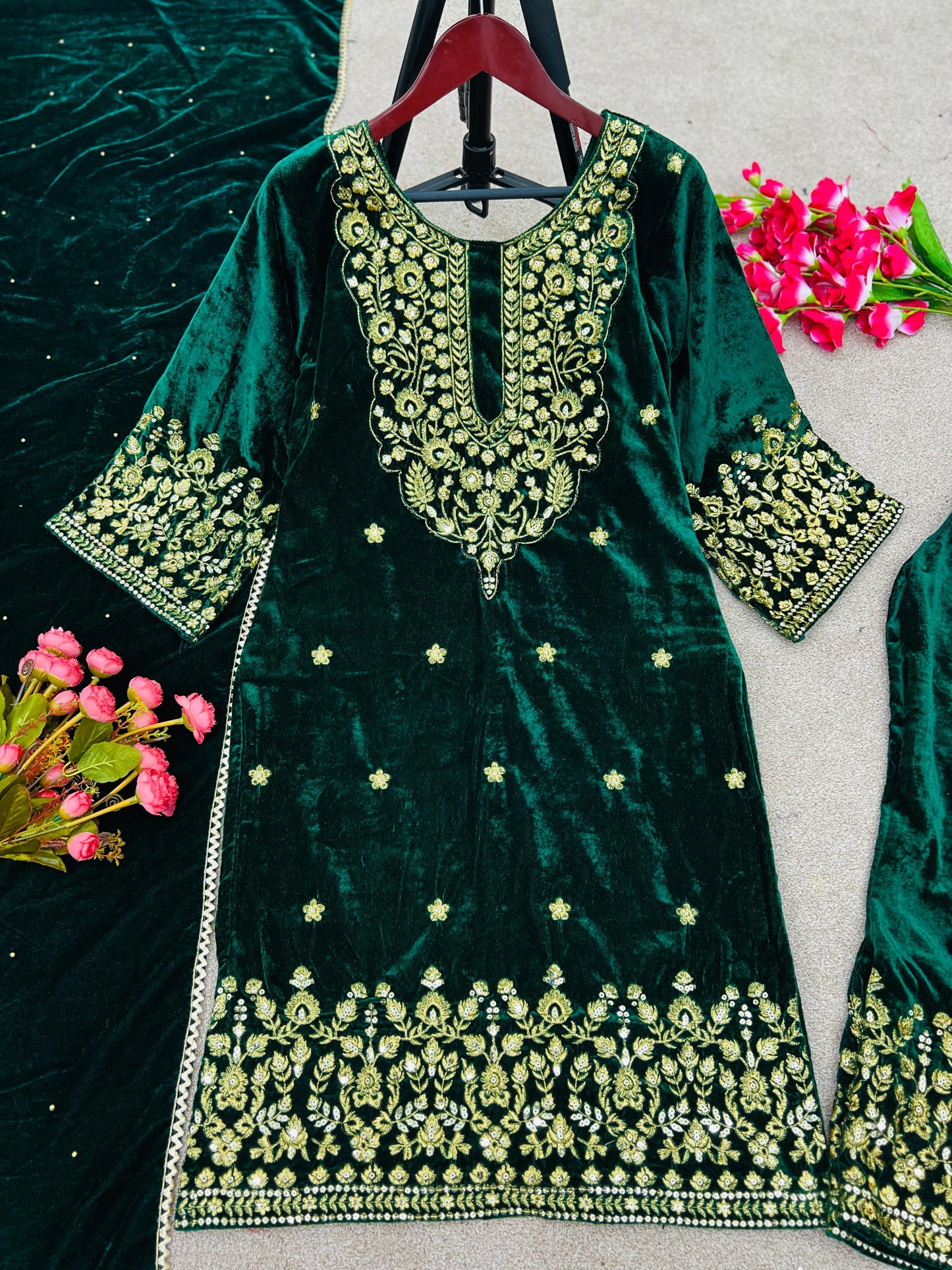 Trendy Green Color Embroidery Work Velvet Palazzo Suit