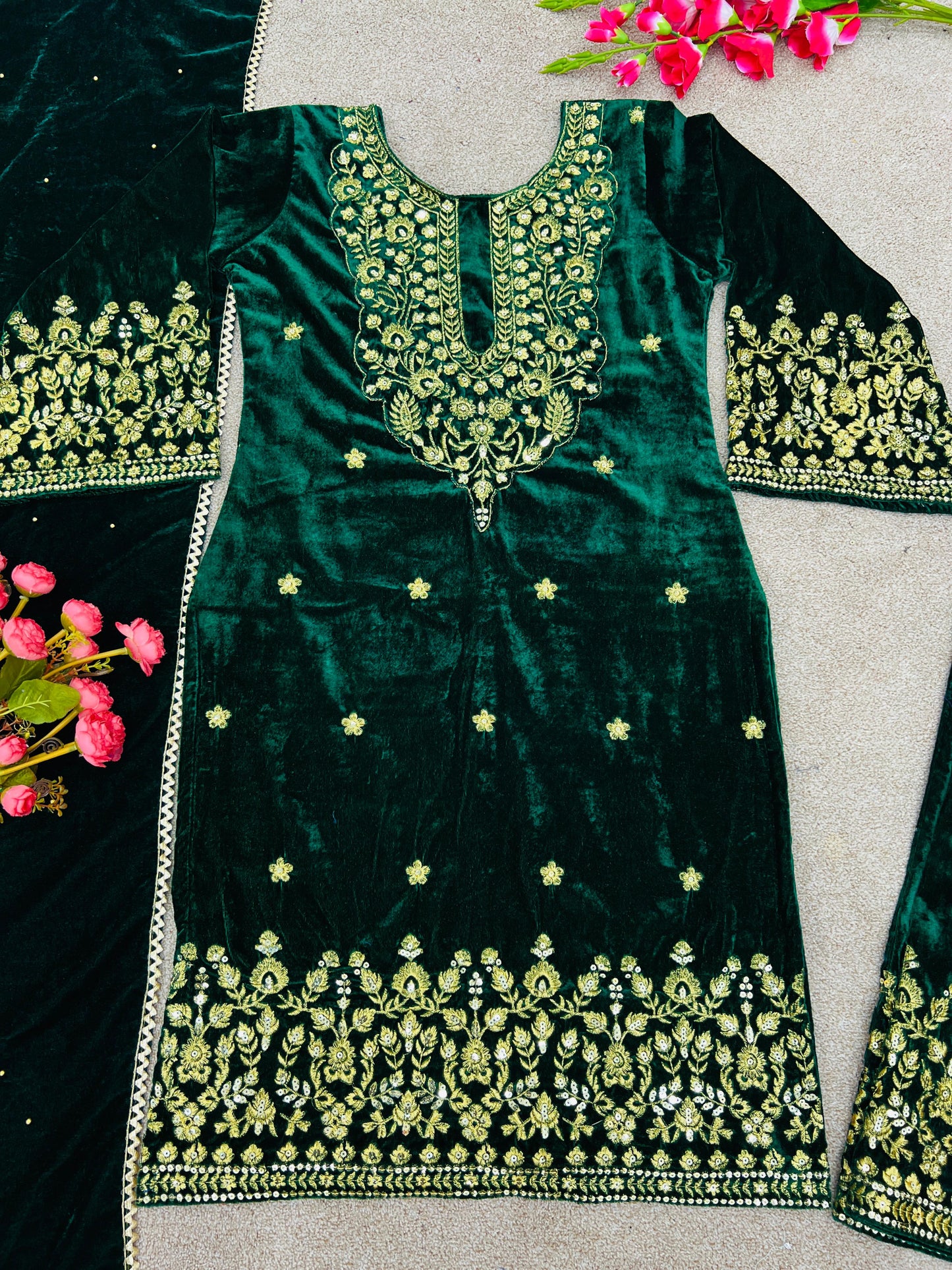 Trendy Green Color Embroidery Work Velvet Palazzo Suit