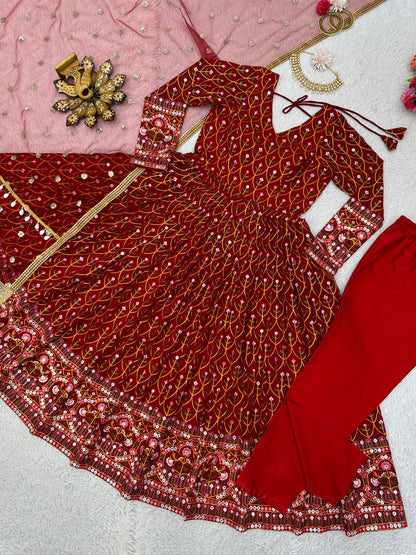 Function Wear Georgette Sequence Work Red Anarkali Gown