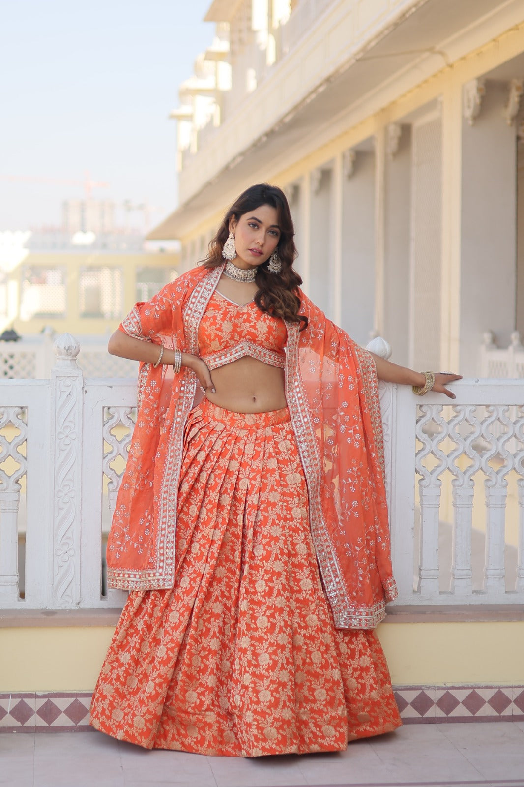 Orange Designer Dyeable Viscose Jacquard Lehenga Choli