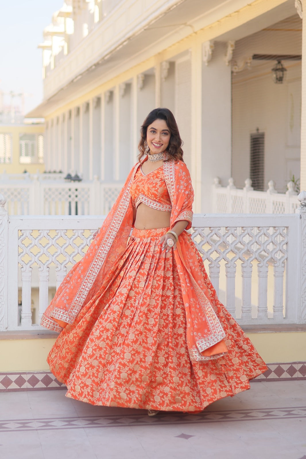 Orange Designer Dyeable Viscose Jacquard Lehenga Choli