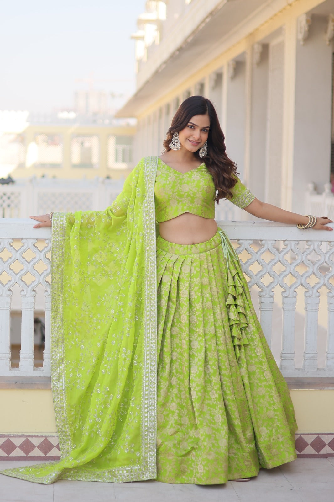 Parrot Green Designer Dyeable Viscose Jacquard Lehenga Choli