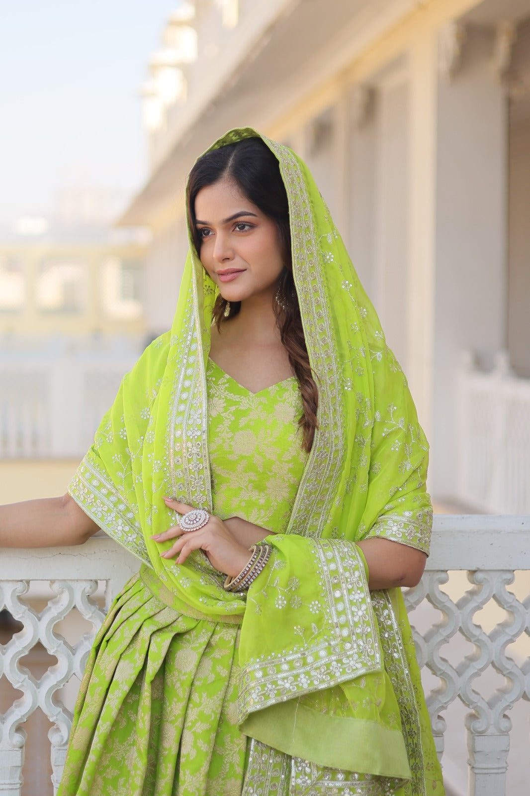 Parrot Green Designer Dyeable Viscose Jacquard Lehenga Choli