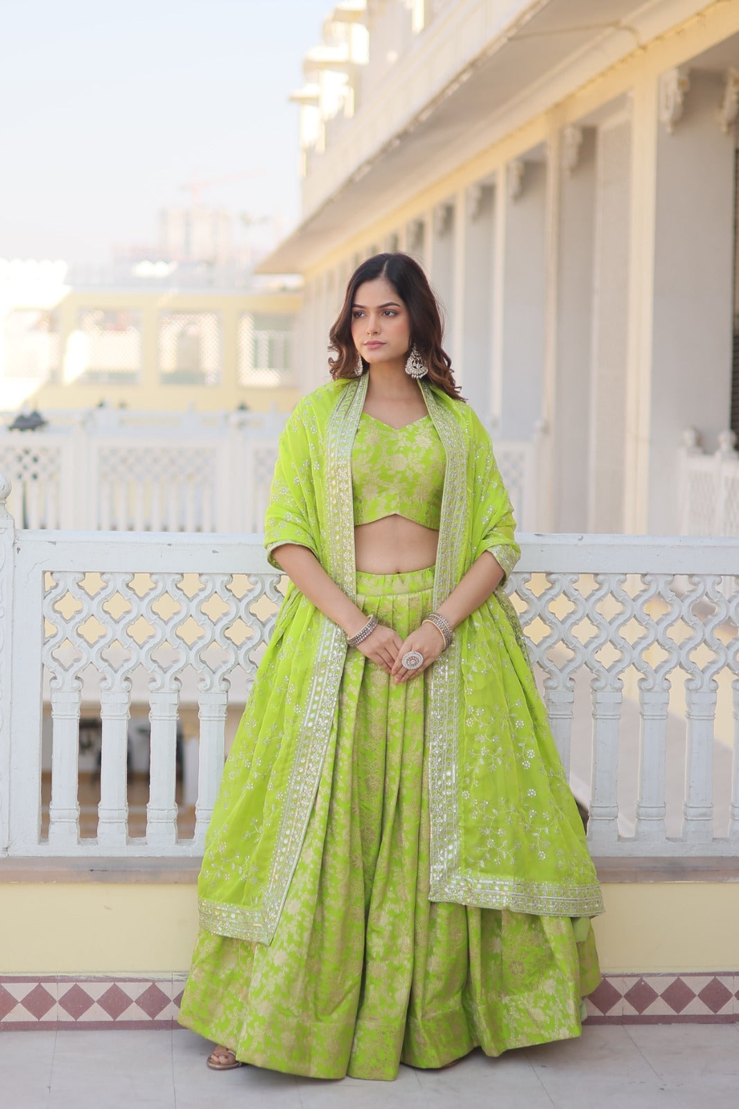 Parrot Green Designer Dyeable Viscose Jacquard Lehenga Choli