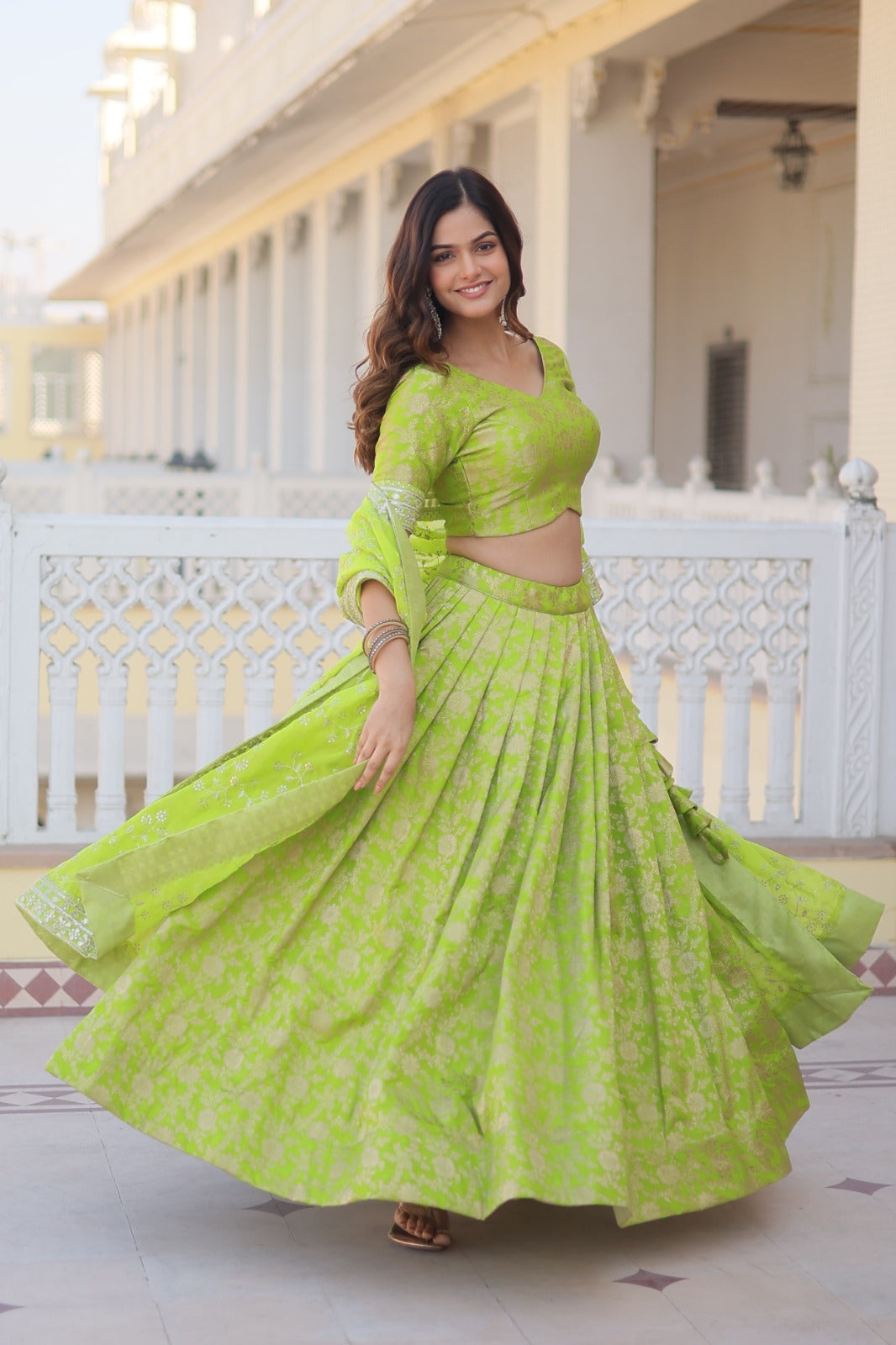 Parrot Green Designer Dyeable Viscose Jacquard Lehenga Choli