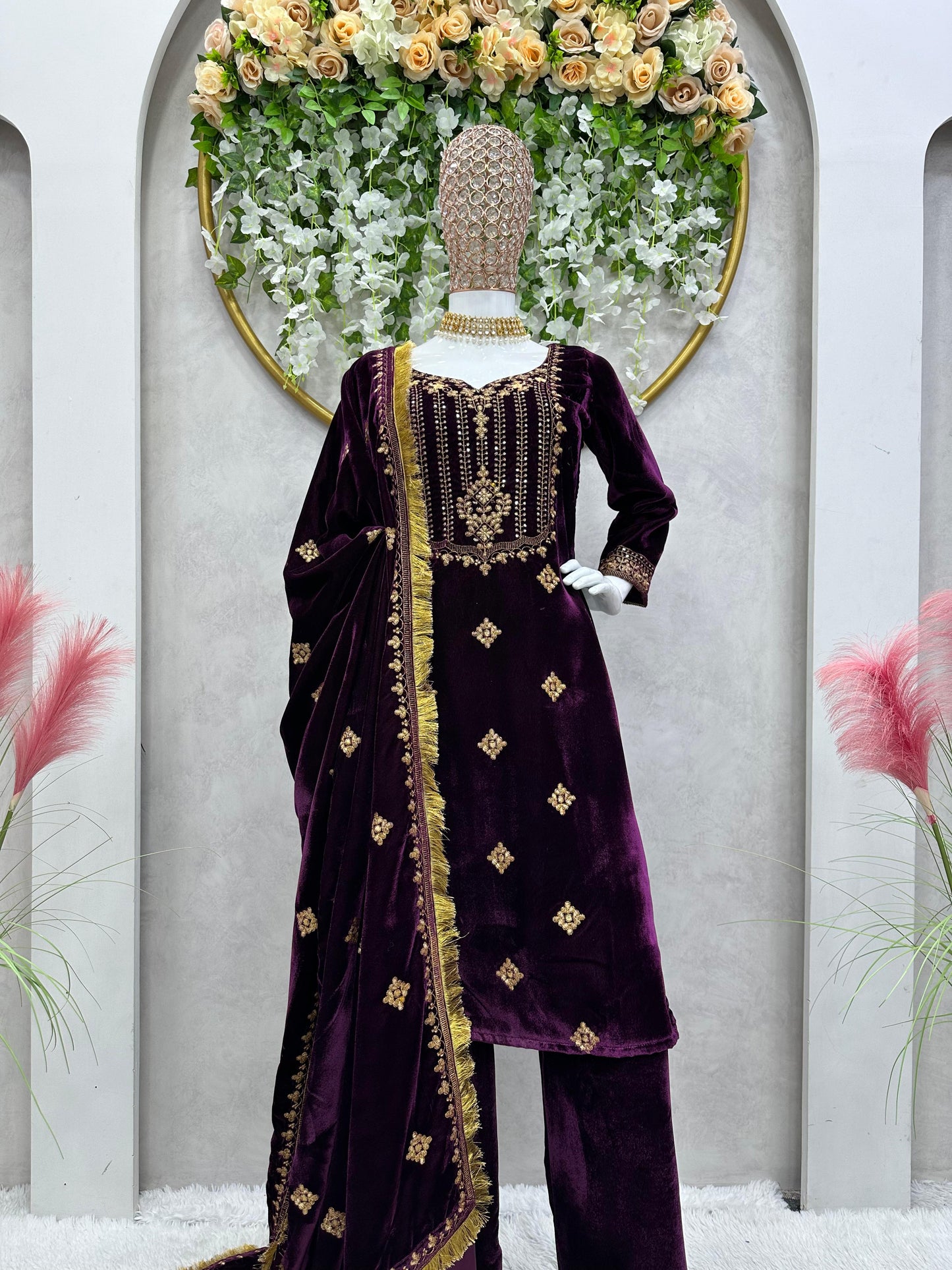 Wine Color Thread With Sequence Work Velvet Salwar Suit