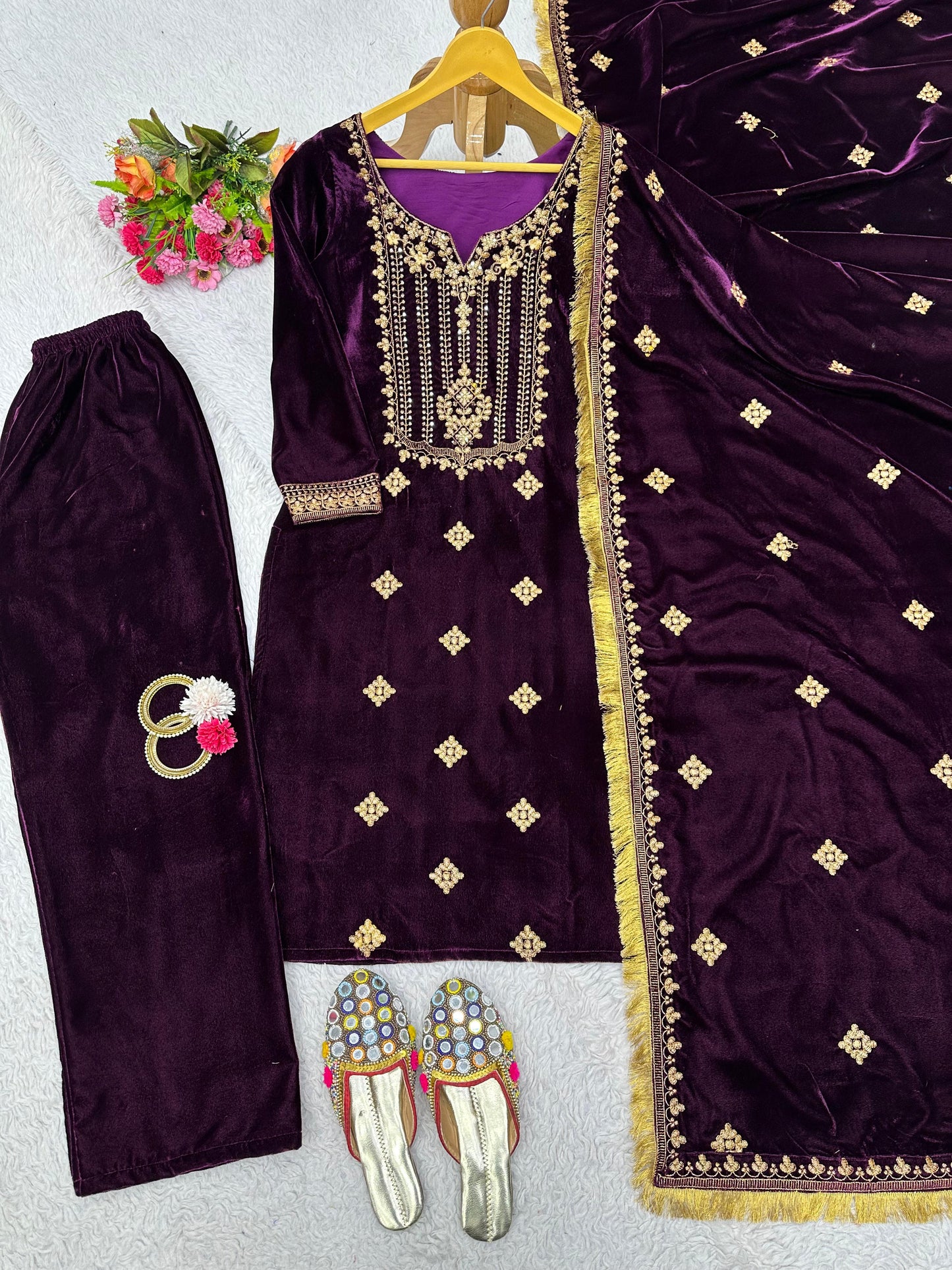 Wine Color Thread With Sequence Work Velvet Salwar Suit