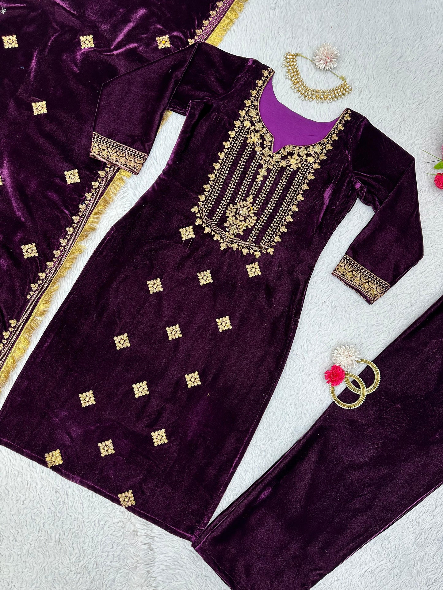 Wine Color Thread With Sequence Work Velvet Salwar Suit