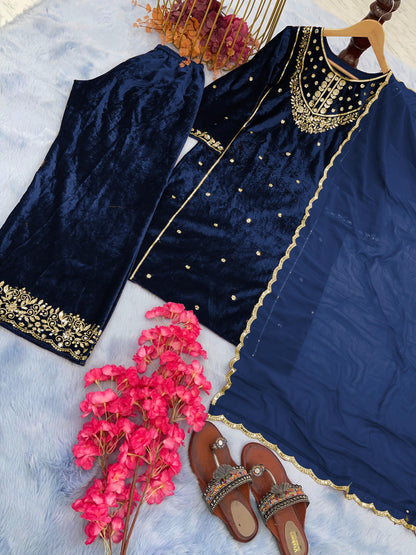 Outstanding Blue Embroidery Work Pakistani Suit