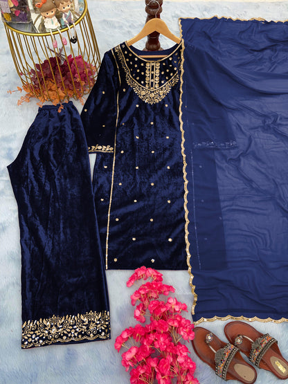 Outstanding Blue Embroidery Work Pakistani Suit