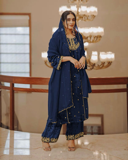 Outstanding Blue Embroidery Work Pakistani Suit