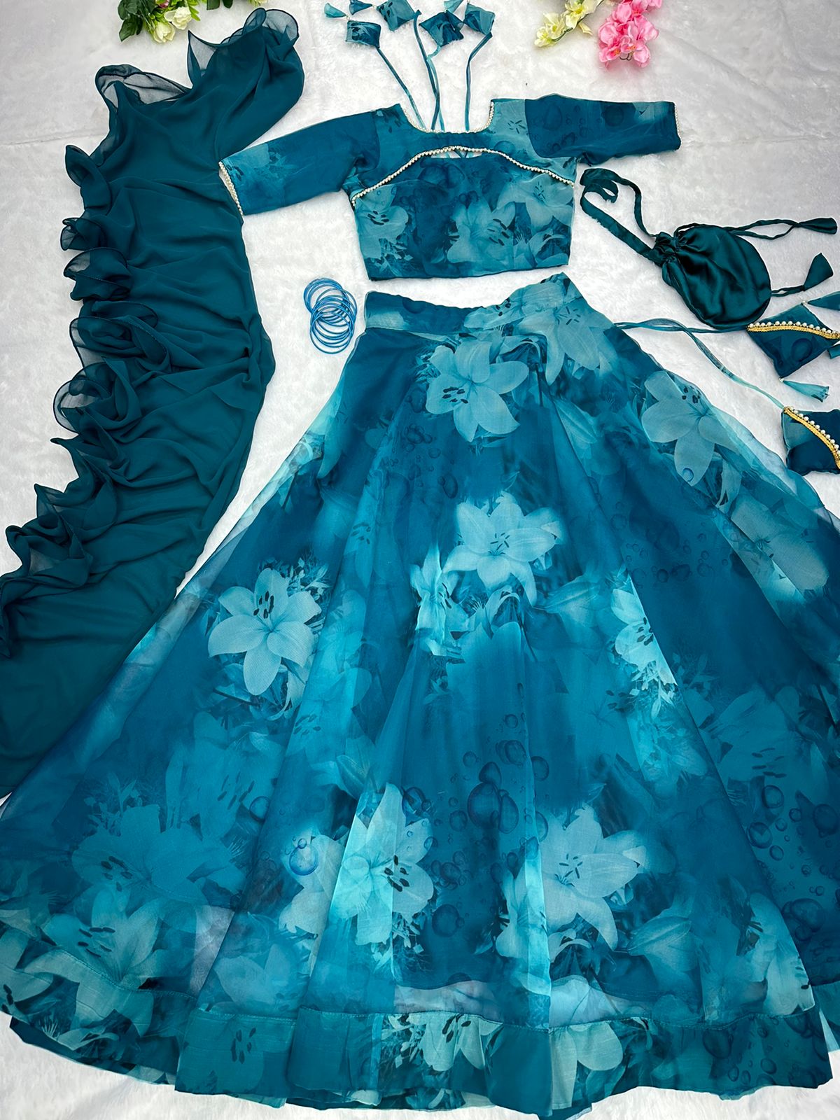 Organza Silk Teal Blue Color Printed Lehenga Choli