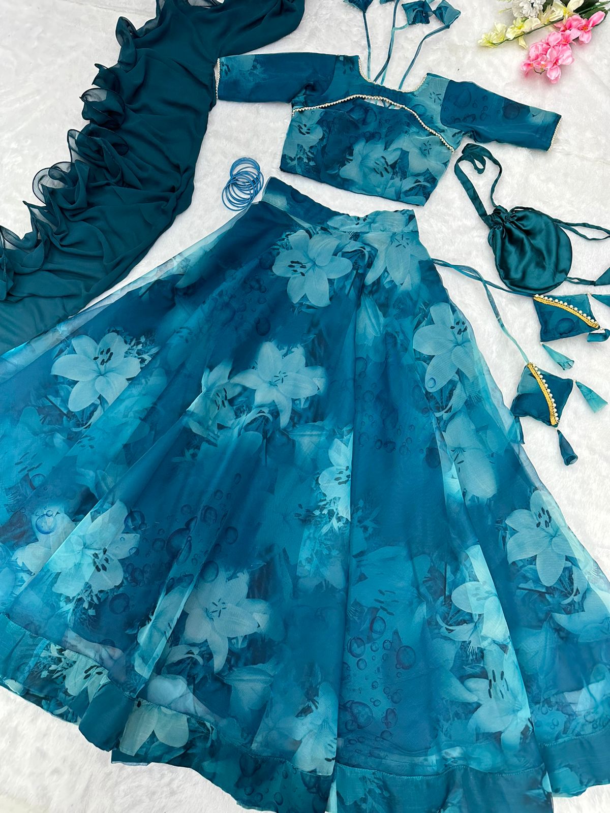 Organza Silk Teal Blue Color Printed Lehenga Choli