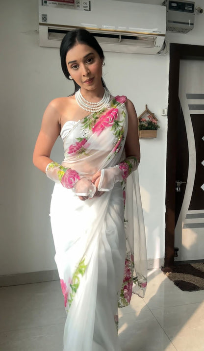 Stylish Digital Print White Color Ready To Wear Saree