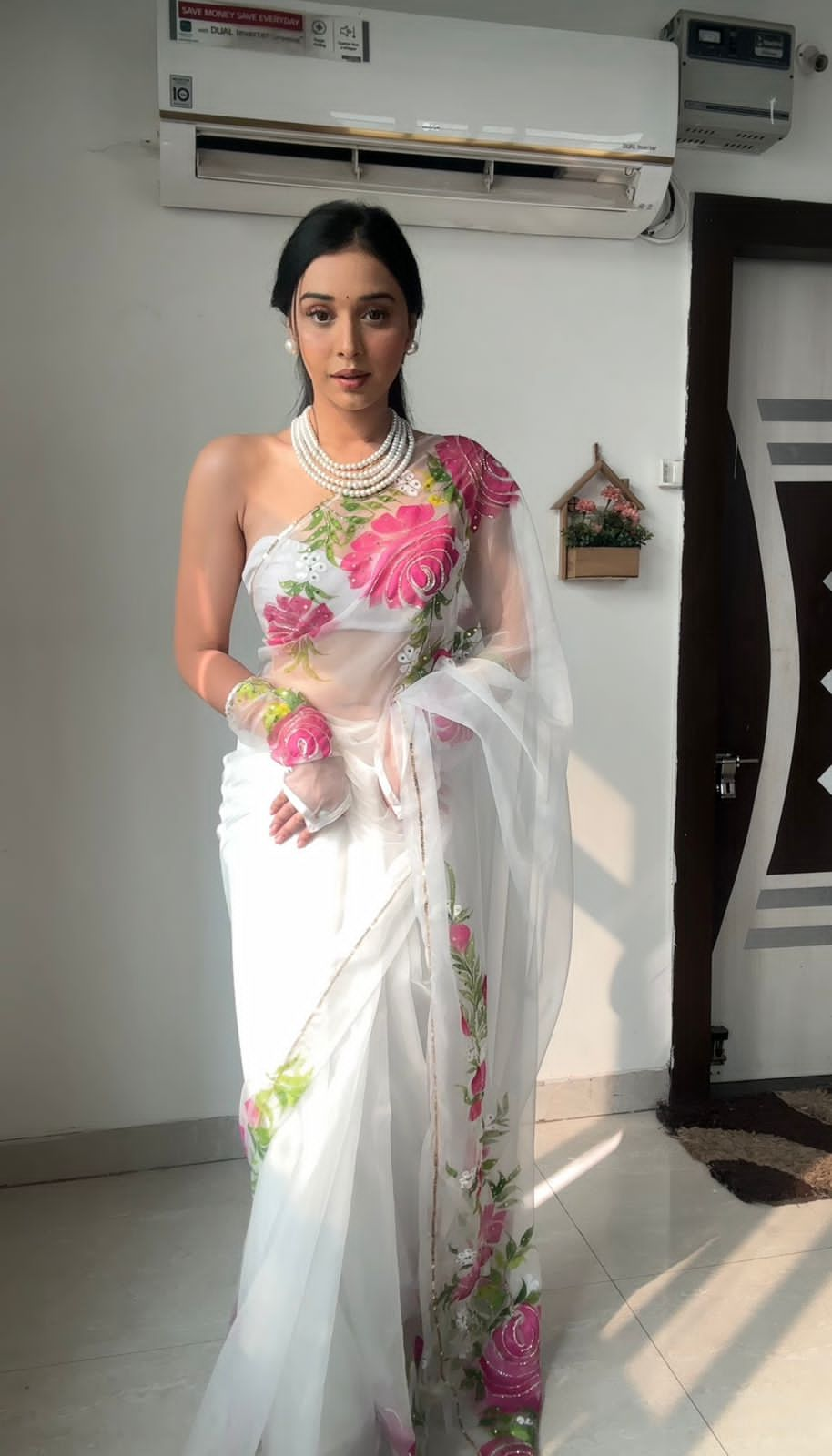 Stylish Digital Print White Color Ready To Wear Saree