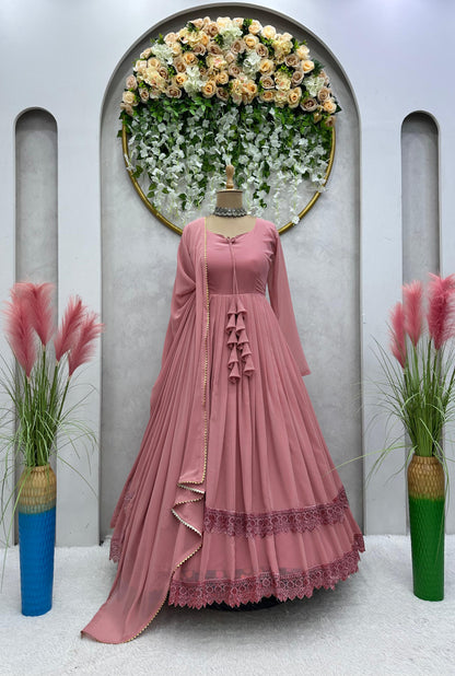 Good Looking Lace Border Dusty Pink Gown With Plain Dupatta