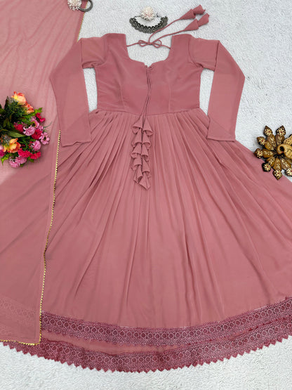 Good Looking Lace Border Dusty Pink Gown With Plain Dupatta