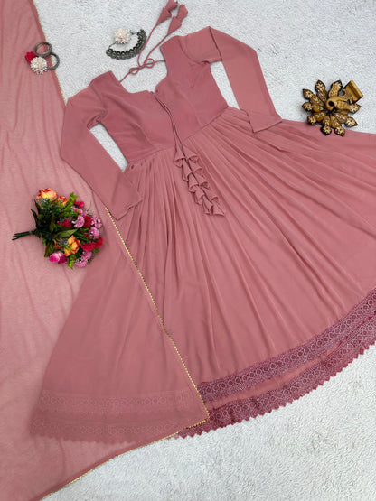 Good Looking Lace Border Dusty Pink Gown With Plain Dupatta