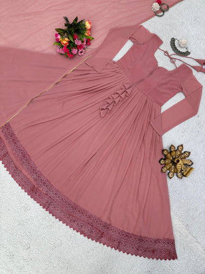 Good Looking Lace Border Dusty Pink Gown With Plain Dupatta