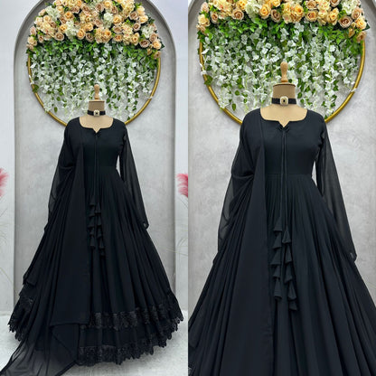 Good Looking Lace Border Black Gown With Plain Dupatta