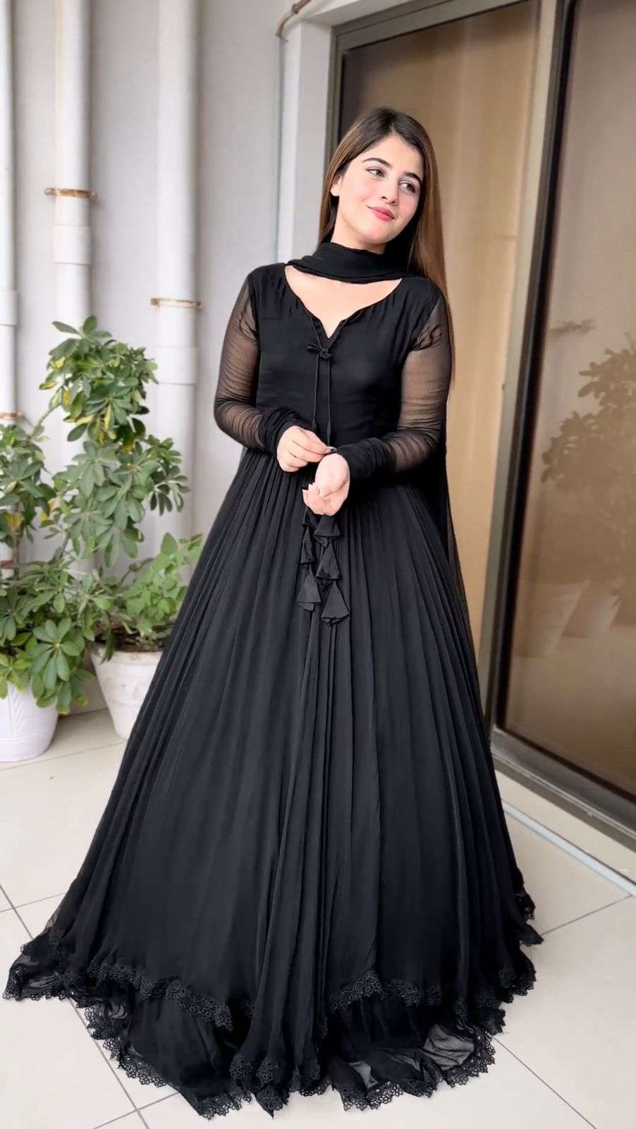 Good Looking Lace Border Black Gown With Plain Dupatta