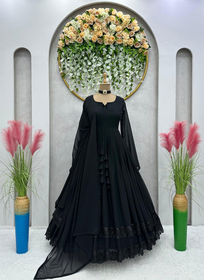 Good Looking Lace Border Black Gown With Plain Dupatta