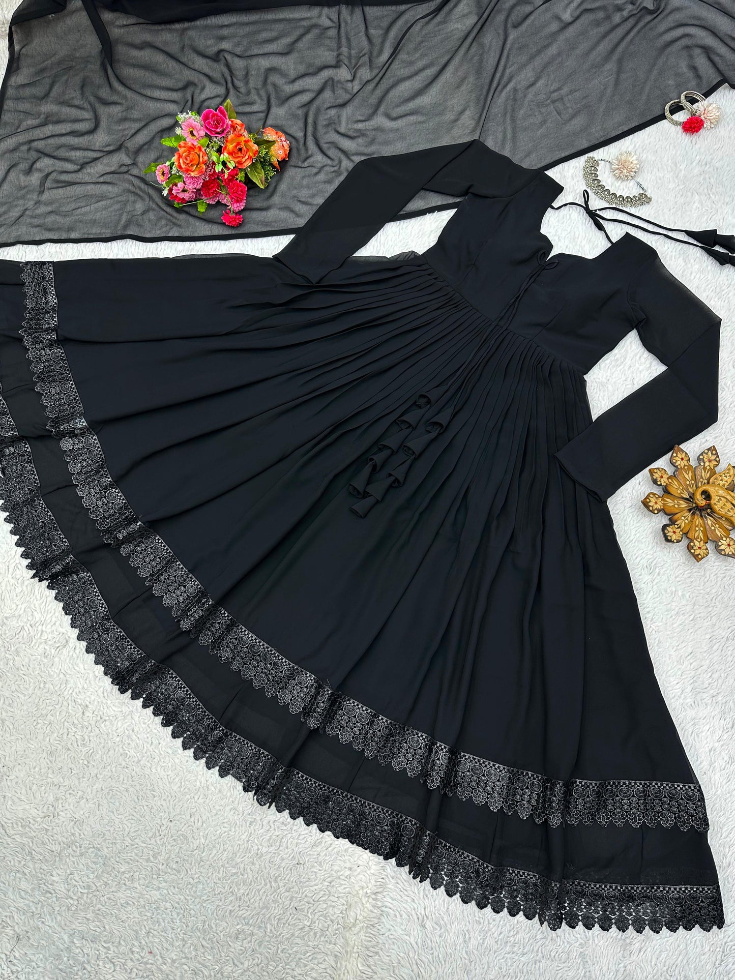 Good Looking Lace Border Black Gown With Plain Dupatta