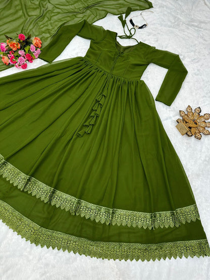 Good Looking Lace Border Mehendi Gown With Plain Dupatta