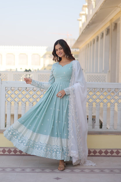 Beautiful Sky Blue Color Embroidery Work Gown With Dupatta