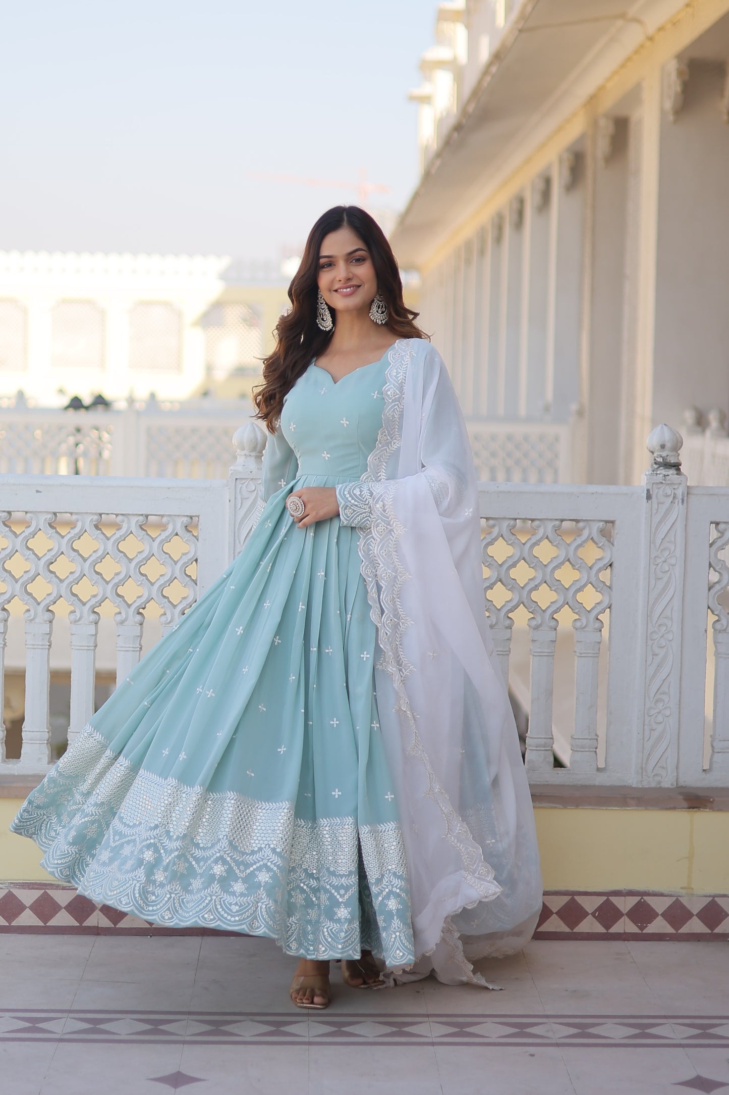 Beautiful Sky Blue Color Embroidery Work Gown With Dupatta