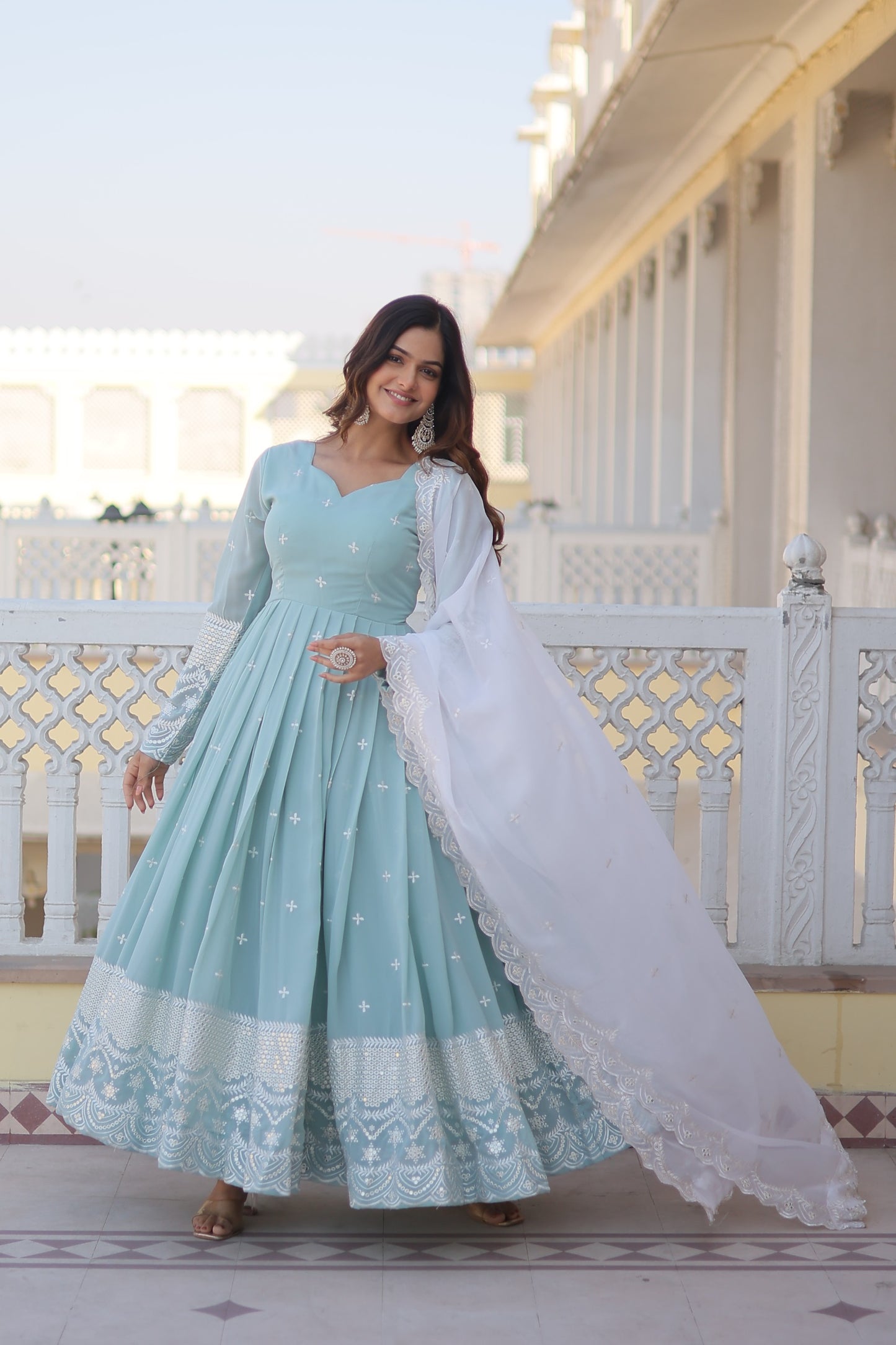 Beautiful Sky Blue Color Embroidery Work Gown With Dupatta