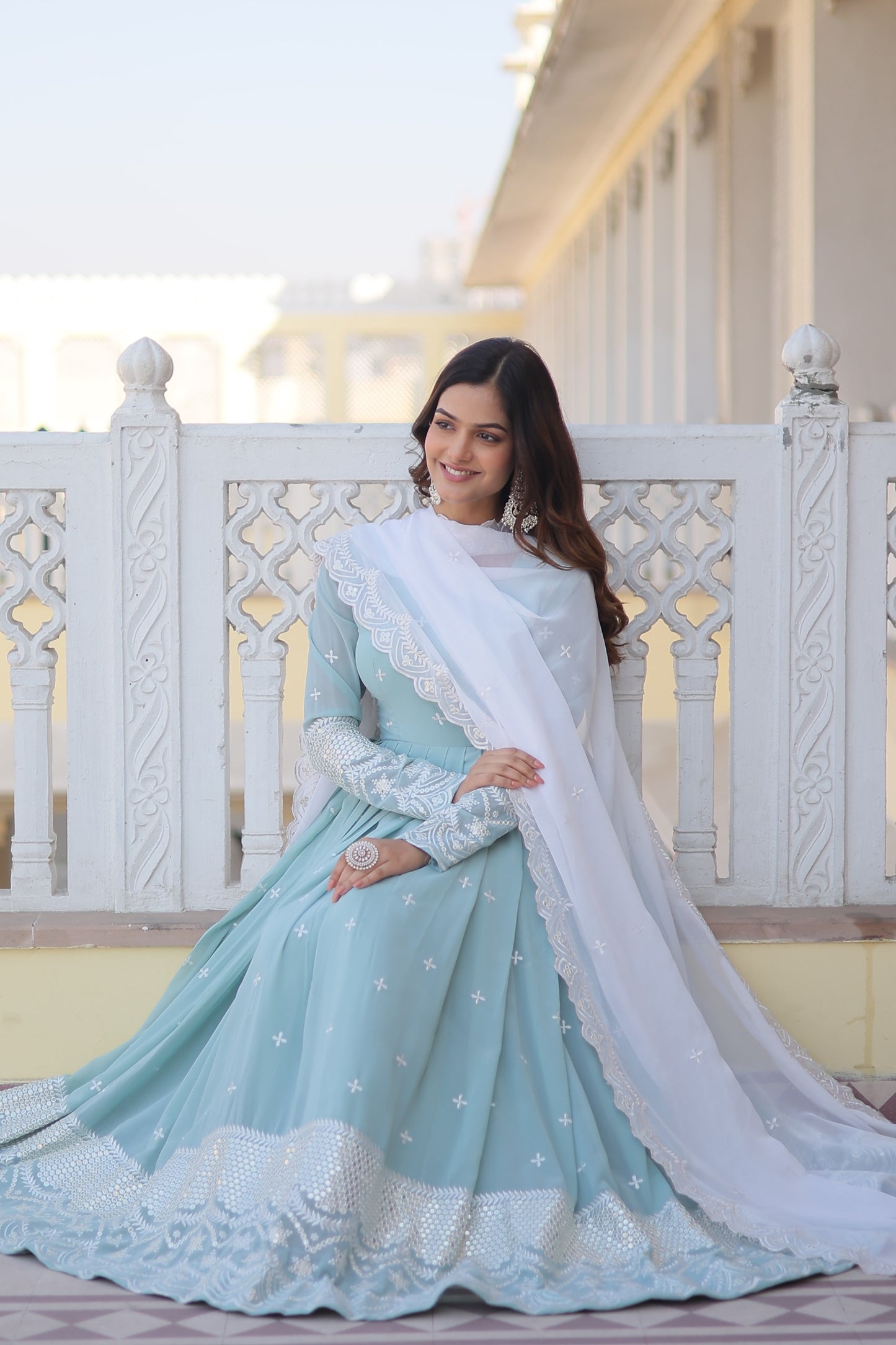 Beautiful Sky Blue Color Embroidery Work Gown With Dupatta