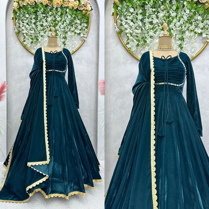 Fancy Neck Pattern Velvet Teal Blue Long Anarkali Gown